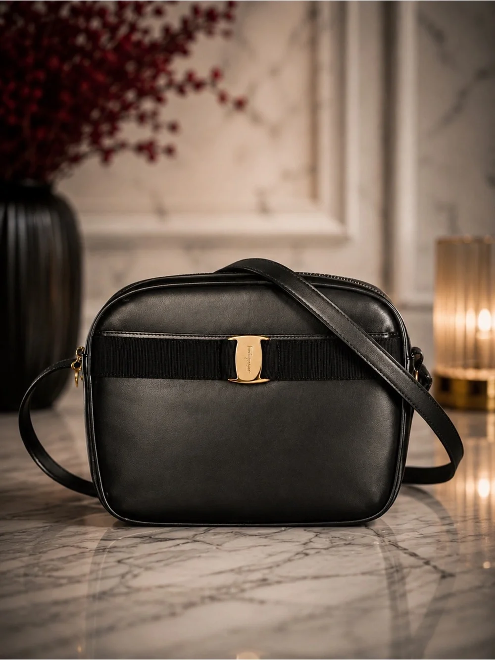 Salvatore Ferragamo Vintage Black Leather Shoulder Bag | Gold Vara Bow